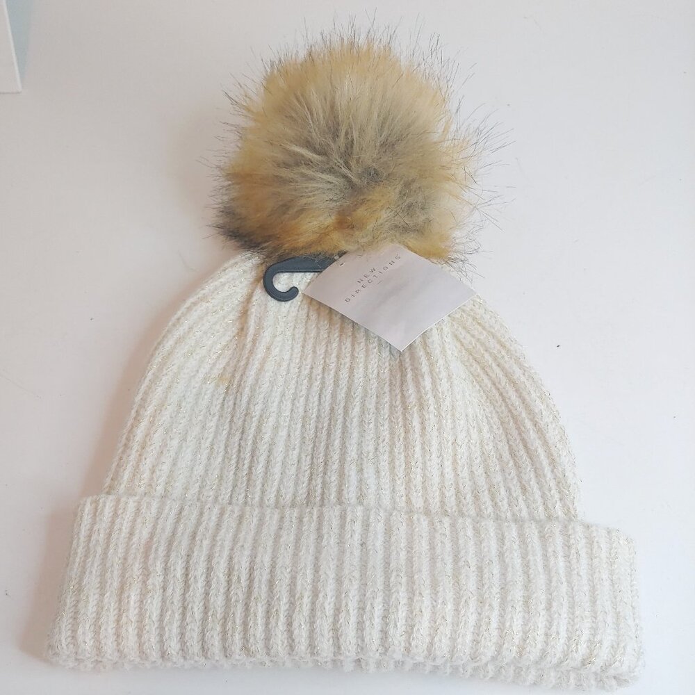 Ivory Acrylic and Metallic Knit Cap/Beanie w/Big Faux Fur Pompom.